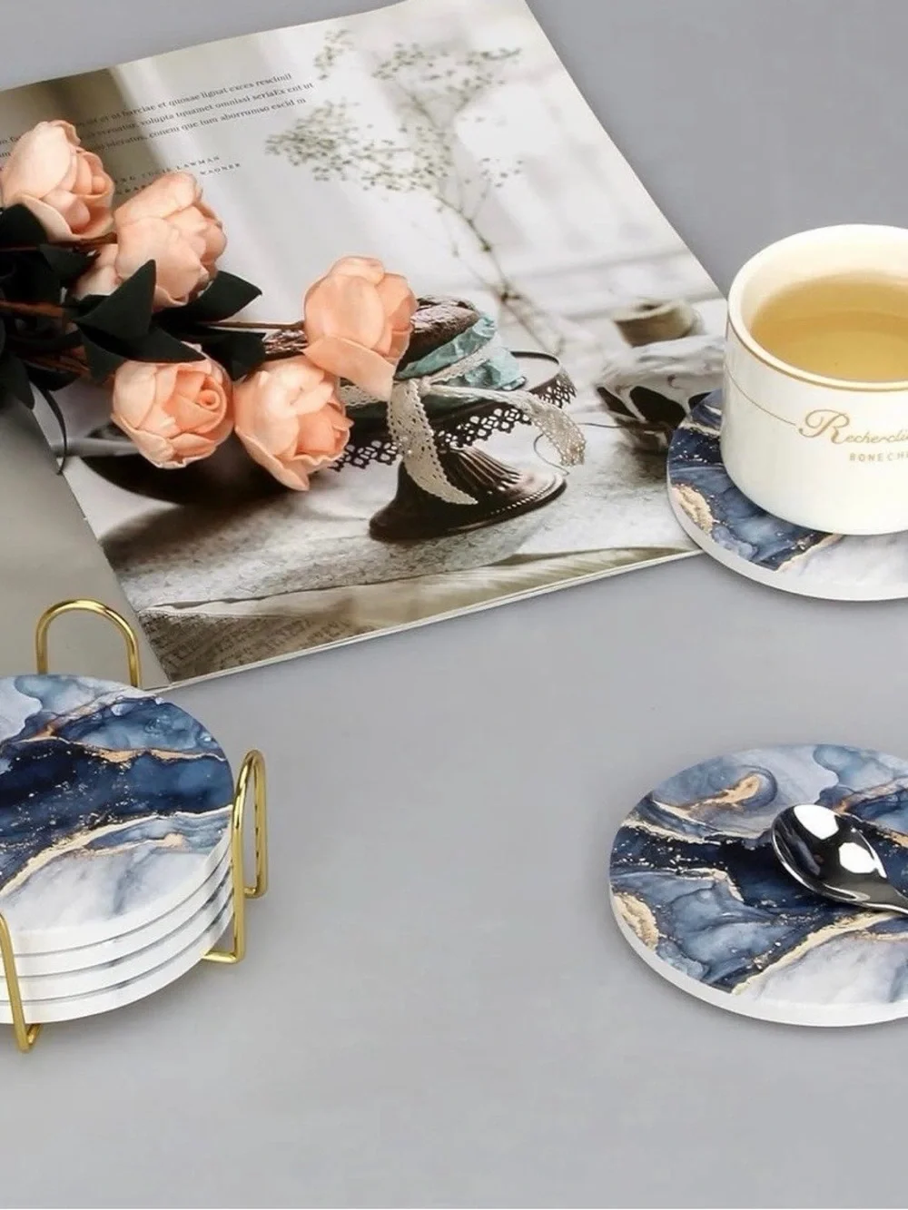 NWT Navy Blue Marble Ceramic Coasters Set of 6 with Gold Holder